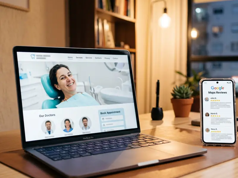 Laptop con el sitio web de una clínica dental junto a un celular con reseñas de Google
