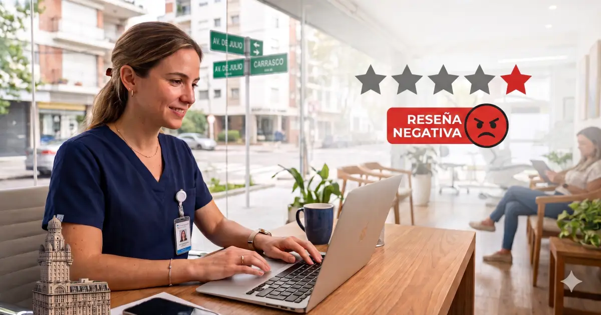 Dentista respondiendo desde el celular una reseña en la ficha de Google de su clínica